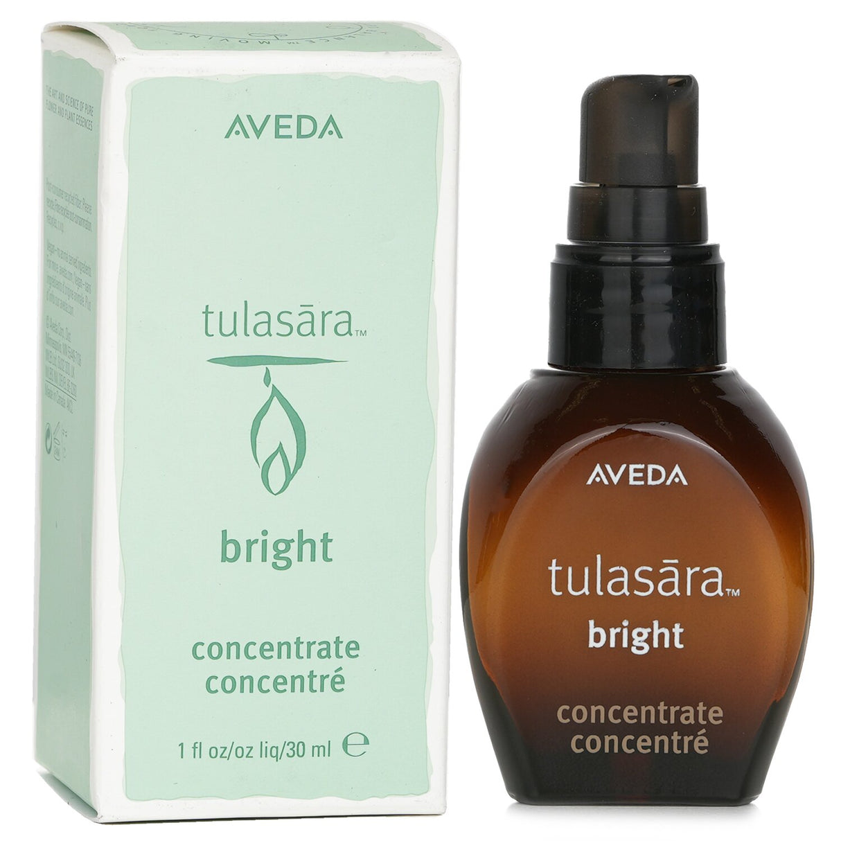 Aveda Tulasara Bright Concentrate serum in 30ml, enriched with licorice root, brightens and hydrates for radiant skin.