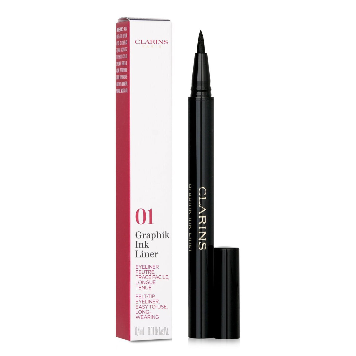 Clarins Graphik Ink Liner #01 Intense Black, 0.4ml, featuring a precise felt tip for bold, radiant eye definition.