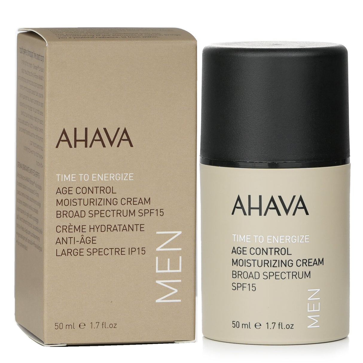 Ahava's energizing age control moisturizer for men, featuring SPF 15 and Dead Sea extracts for youthful, refreshed skin.