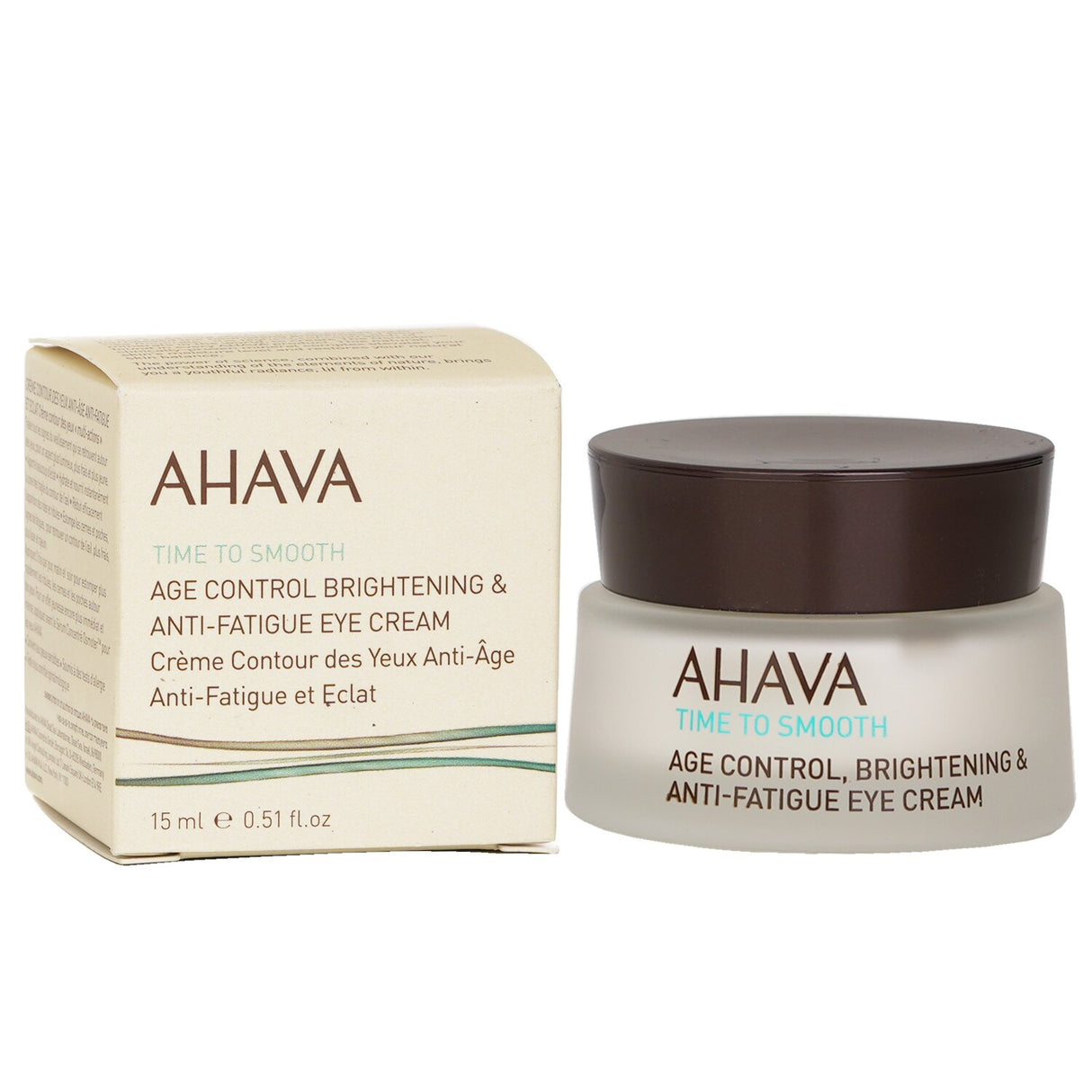 Ahava Time To Smooth Eye Cream - 15ml for brightening, anti-fatigue, and hydration, reducing dark circles and fine lines.