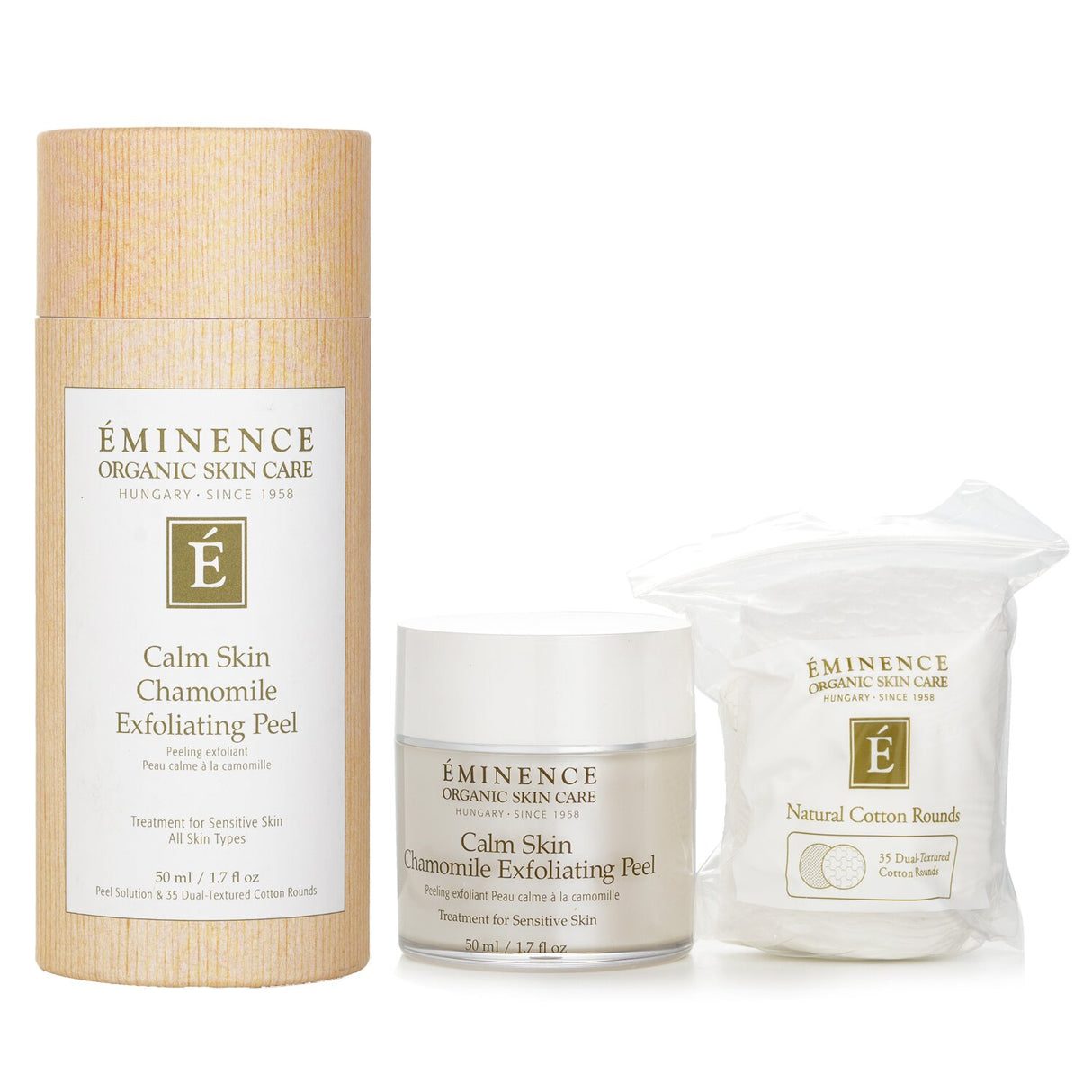 Eminence Calm Skin Chamomile Exfoliating Peel with cotton rounds, hydrates and soothes sensitive skin, revealing a radiant complexion.