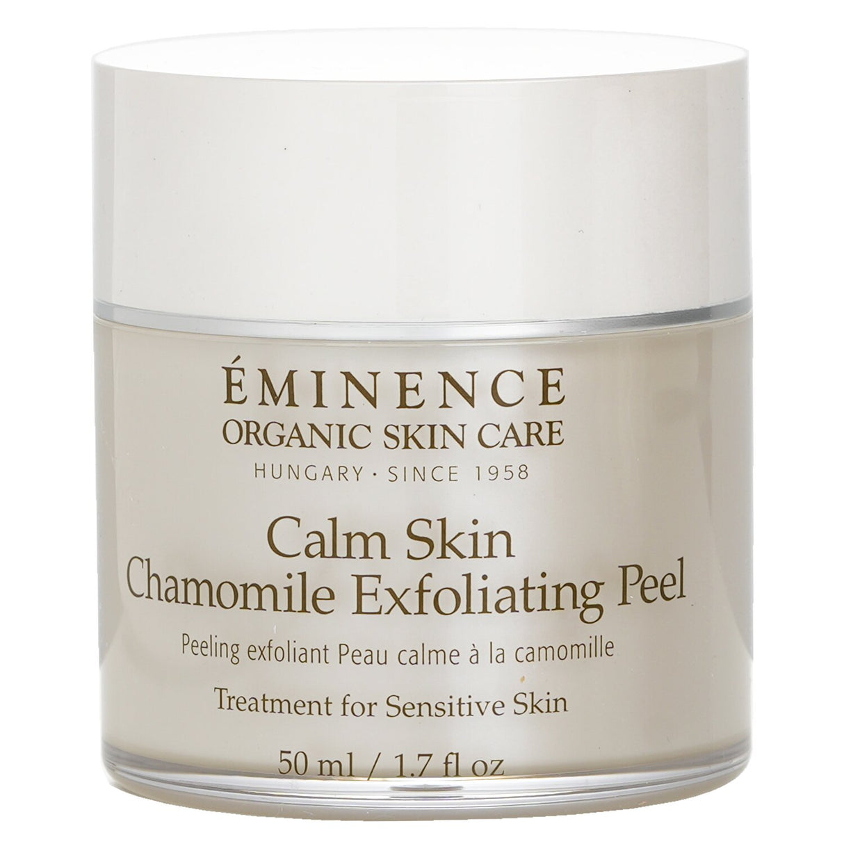 Eminence Calm Skin Chamomile Exfoliating Peel with cotton rounds; soothes sensitive skin and reveals a radiant complexion.