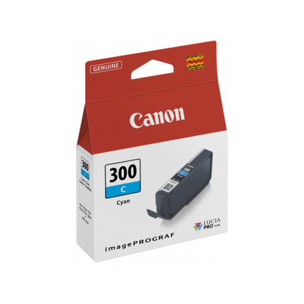 Canon PFI-300C Cyan Ink Cartridge designed for Pro-300, ensuring sharp, smudge-resistant prints with quick-drying ink.