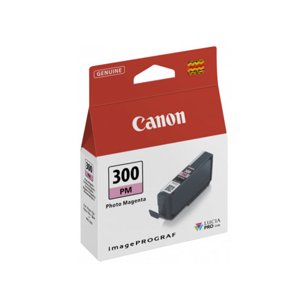 Canon PFI-300PM Photo Magenta Ink Cartridge for Pro-300 printer, producing vibrant, detailed prints with quick-drying, smudge-resistant ink.