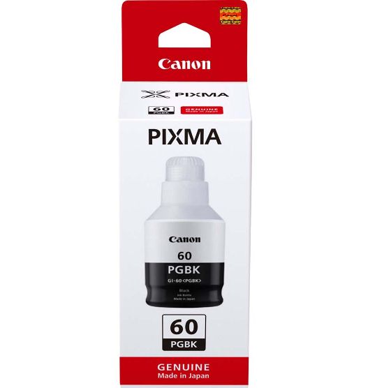 Canon GI60BK Black Pixma Endurance Ink Bottle, perfect for high-volume printing with sharp text and quick-drying, smudge-resistant ink.