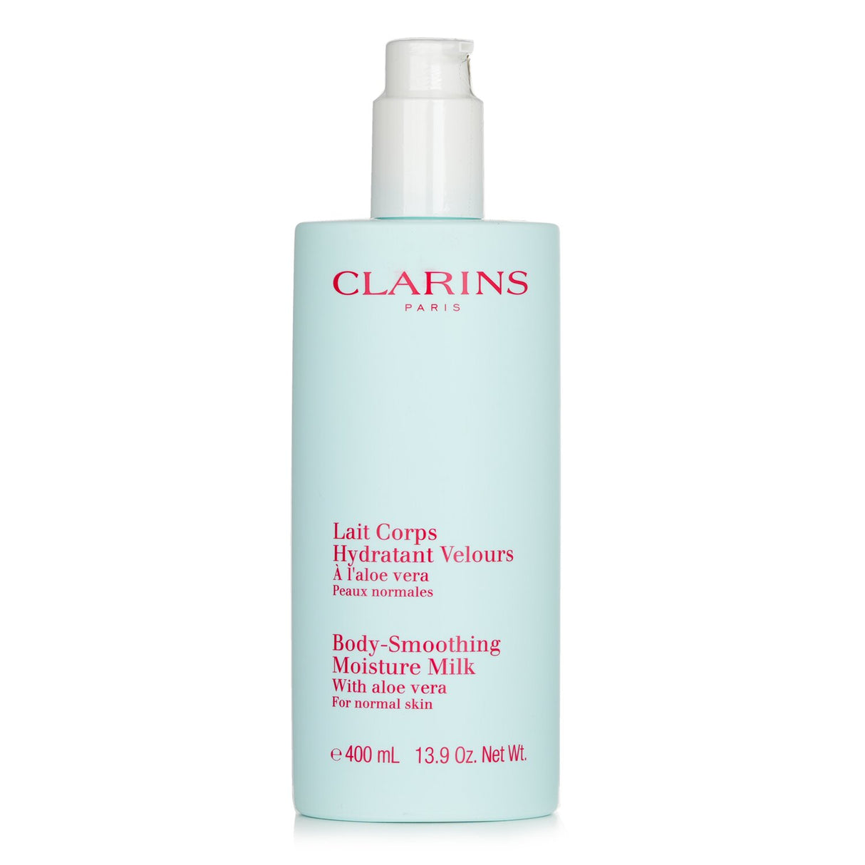 Clarins Body-Smoothing Moisture Milk with Aloe Vera in a 400ml bottle, designed for normal skin, offers lightweight hydration and soothing properties.