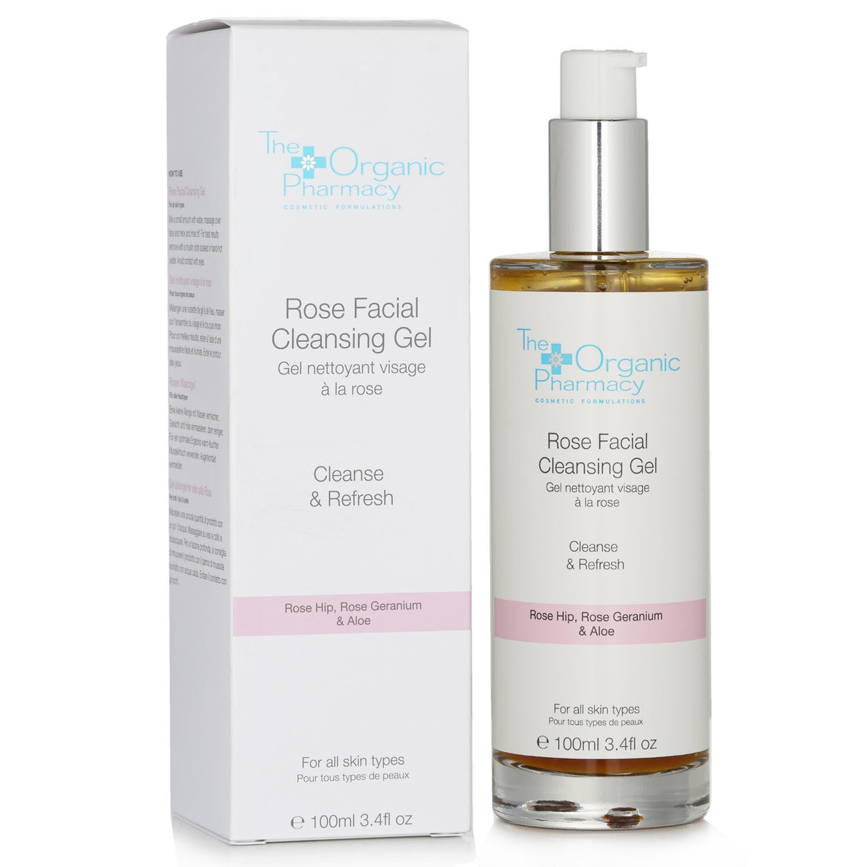 Organic Pharmacy Rose Facial Cleansing Gel in a 100ml bottle, gently cleanses and refreshes all skin types with natural ingredients.