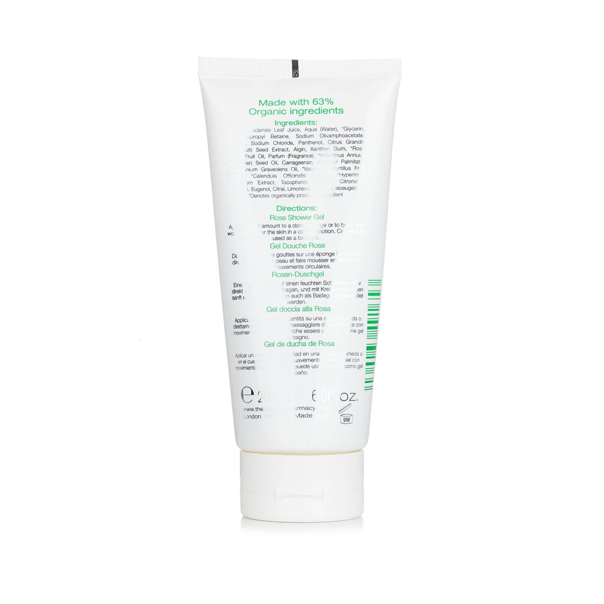 Organic Pharmacy Rose Shower Gel 200ml, infused with Persian Rose and gentle extracts for a refreshing, nourishing wash.