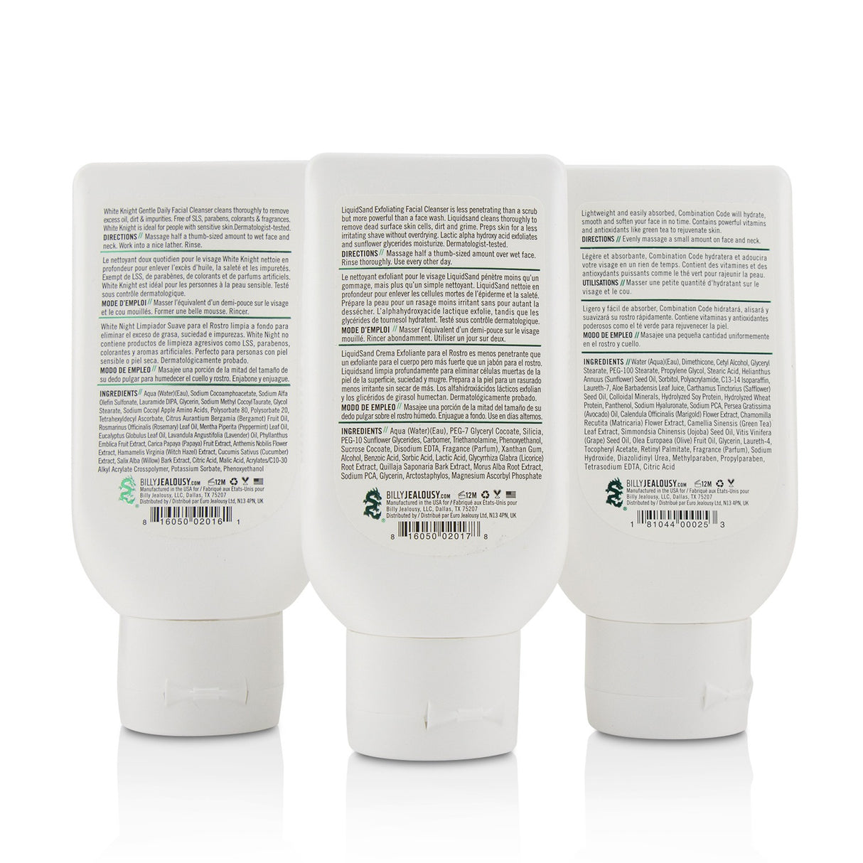 Billy Jealousy Face3Some Kit includes 88ml Gentle Daily Cleanser, Exfoliating Cleanser, and Moisturizer for radiant skin.