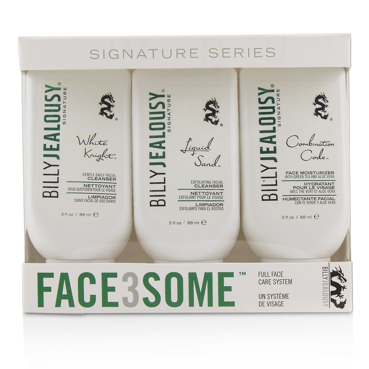 Billy Jealousy Face3Some Kit with 88ml Gentle Daily and Exfoliating Cleansers plus Combination Code Moisturizer for radiant skin.