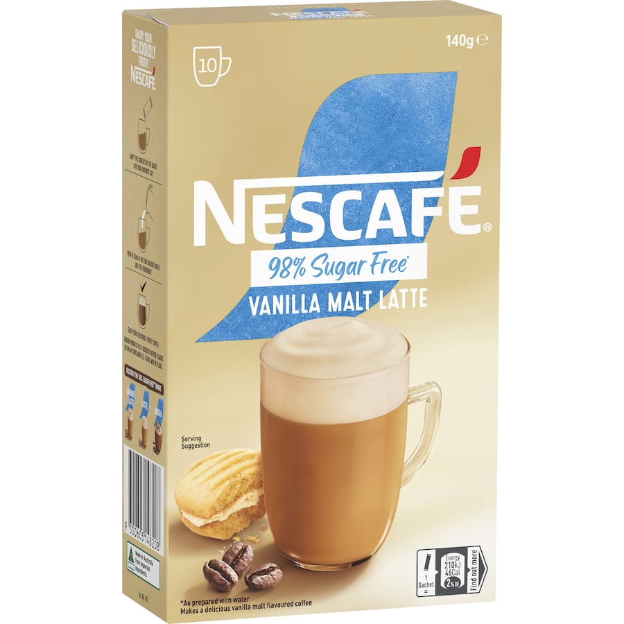 Nescafé Coffee Sachets 98% Sugar Free Vanilla Malt Latte 10 pack 140g