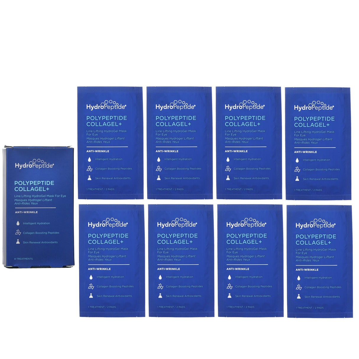 HydroPeptide Collagel+ Eye Mask: rejuvenating hydrogel for fine lines, puffiness, and hydration, includes 8 treatments.