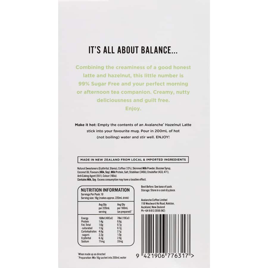 Avalanche Coffee Sachets 99% Sugar Free Hazelnut Latte 10 pack 160g