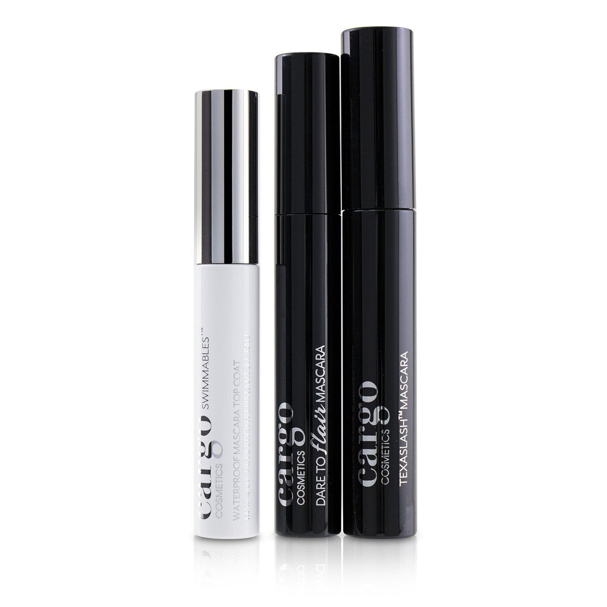 Cargo Mascara Kit featuring Dare To Flair, Texalash, and Swimmables for voluminous, defined, and waterproof lashes.