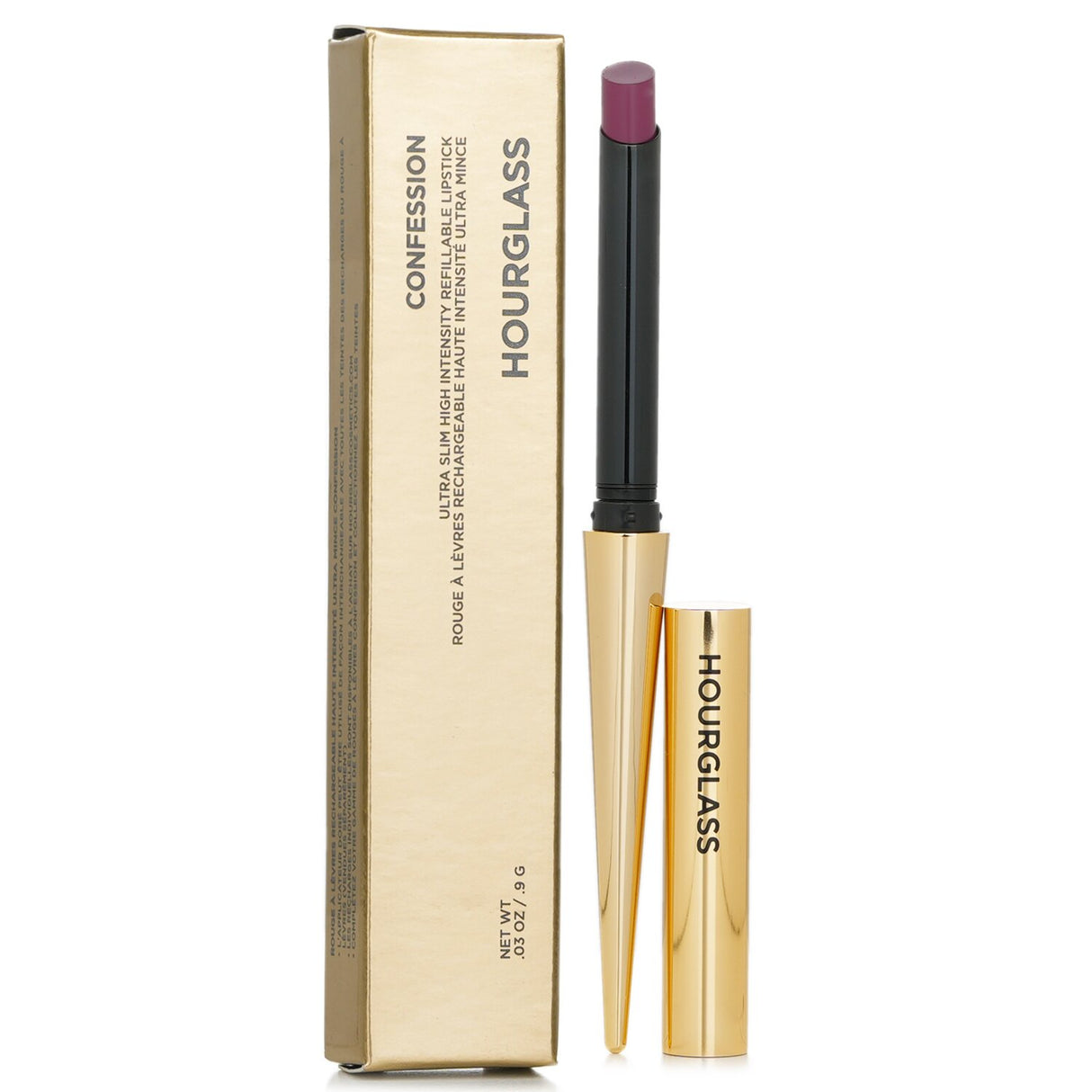 Luxurious deep plum refillable lipstick in sleek gold applicator, delivering high-intensity color with a satin finish.