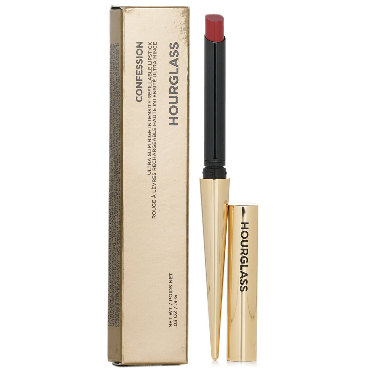 Luxurious HourGlass #Secretly lipstick in a sleek gold applicator, offering creamy, long-lasting red color with a satin finish.