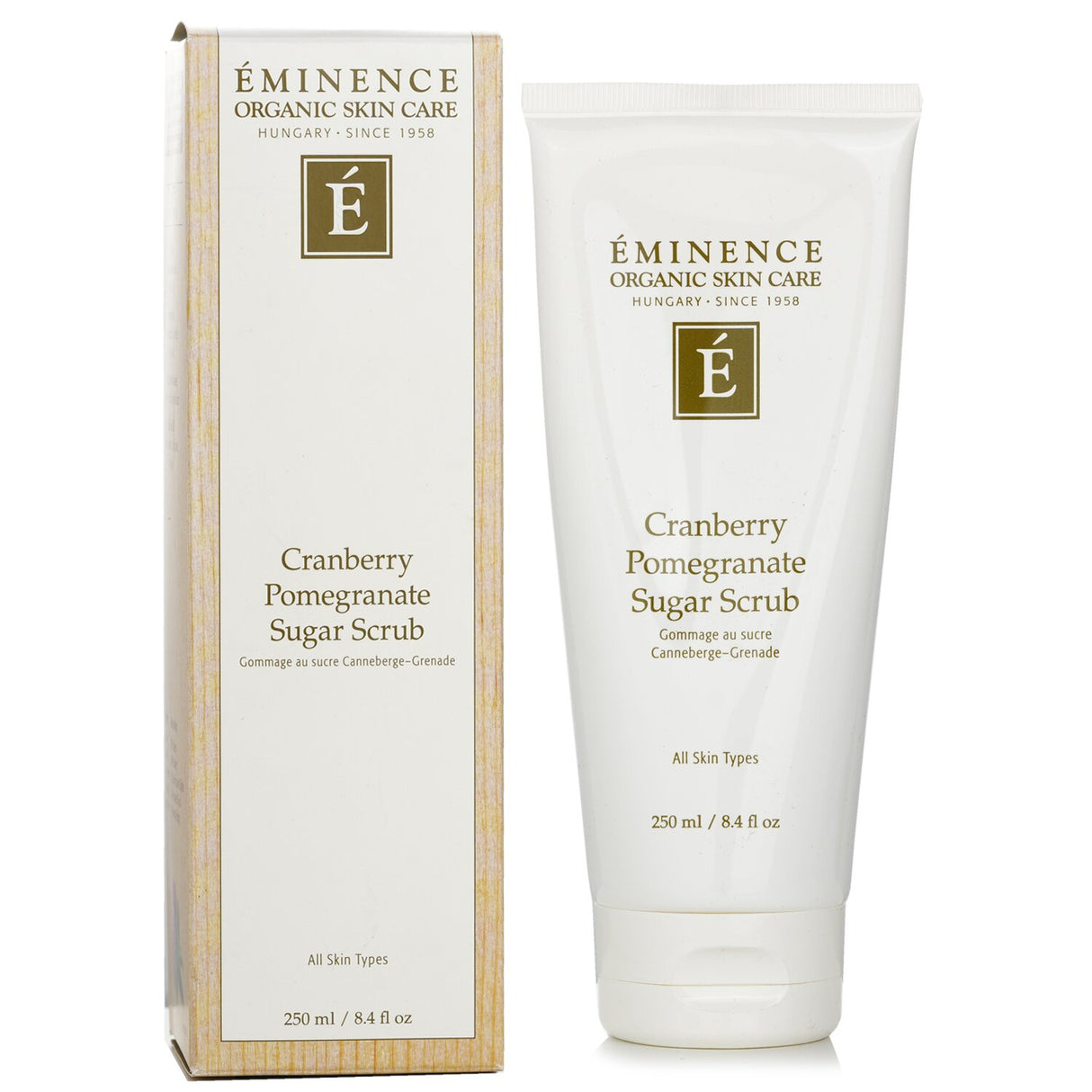 Eminence Cranberry Pomegranate Sugar Scrub tube, 250ml, enriched with antioxidants for exfoliating and hydrating skin.