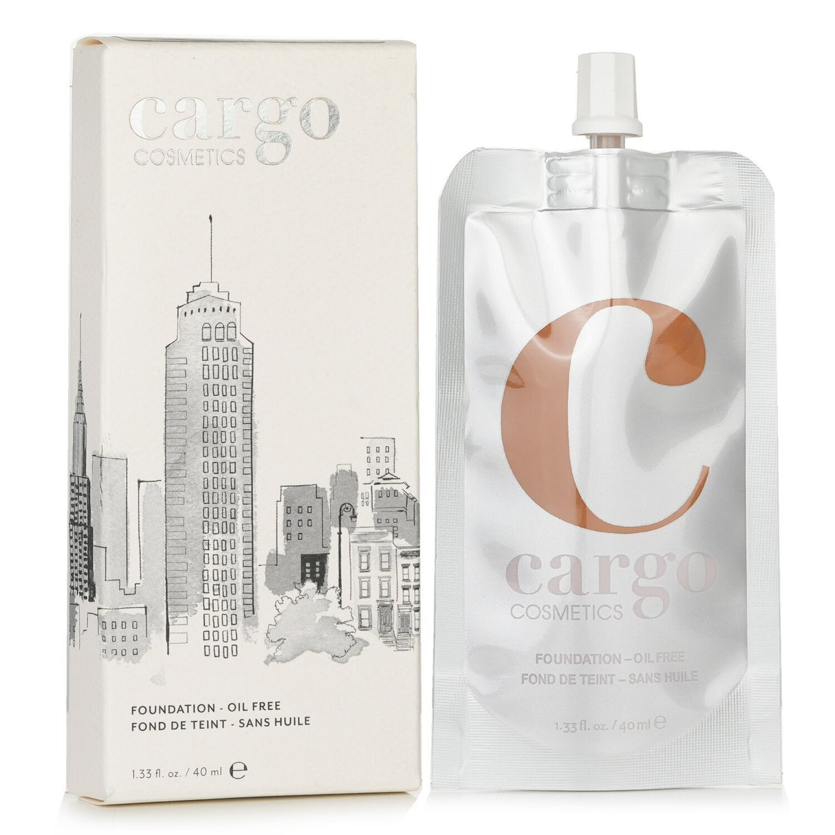 Cargo Liquid Foundation in #60 Creamy Cafe Au Lait; oil-free, medium to full coverage, 100% recyclable pouch packaging.