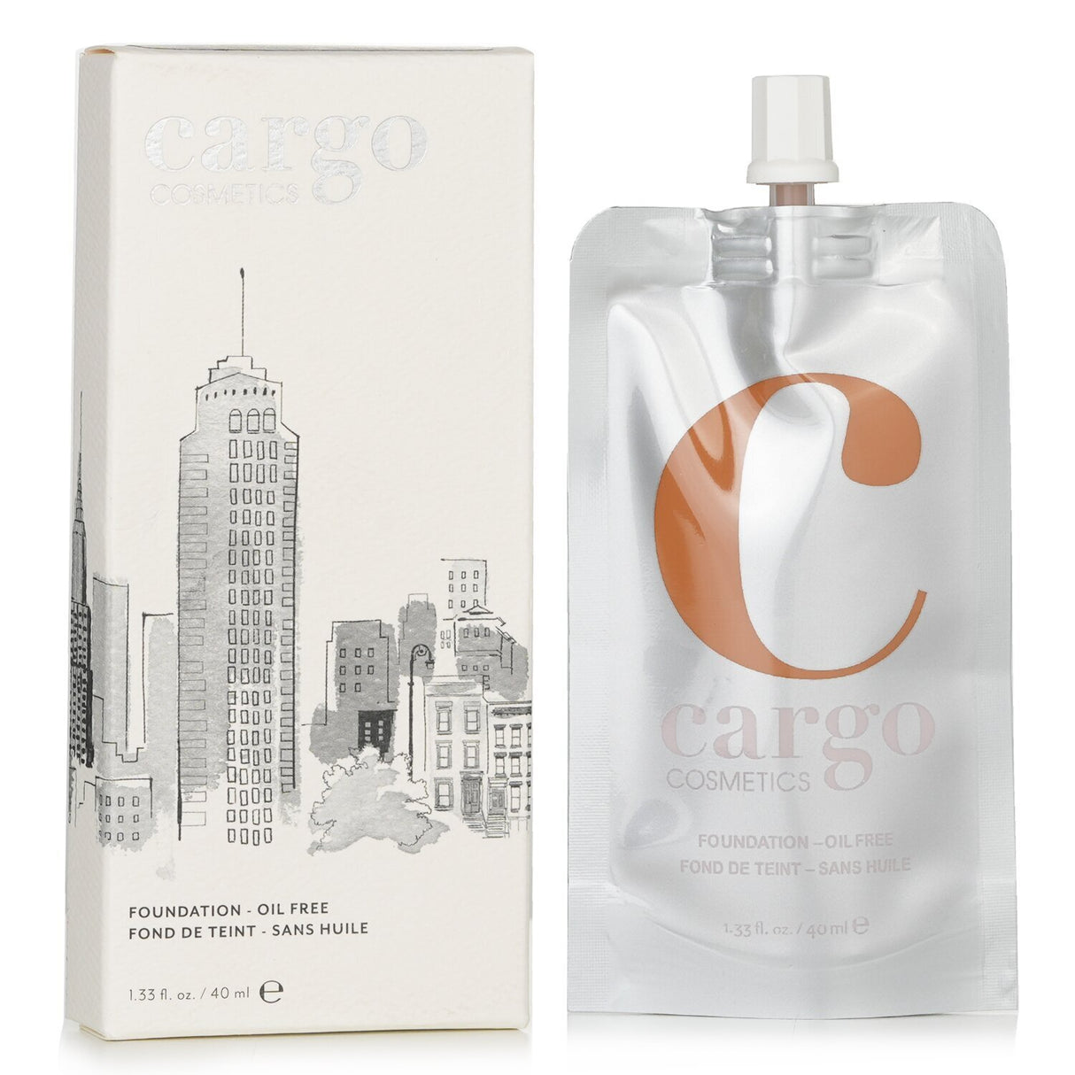 Cargo Liquid Foundation in #70 (Soft, Golden Caramel) offers medium to full coverage in a portable, recyclable pouch.