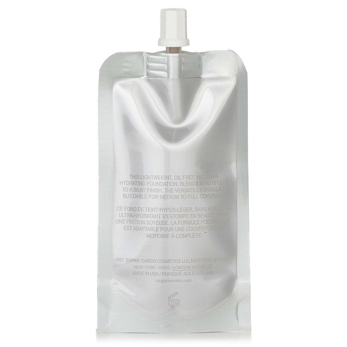 "Cargo Liquid Foundation #70 in Soft Golden Caramel, oil-free, medium to full coverage in recyclable pouch for easy application."