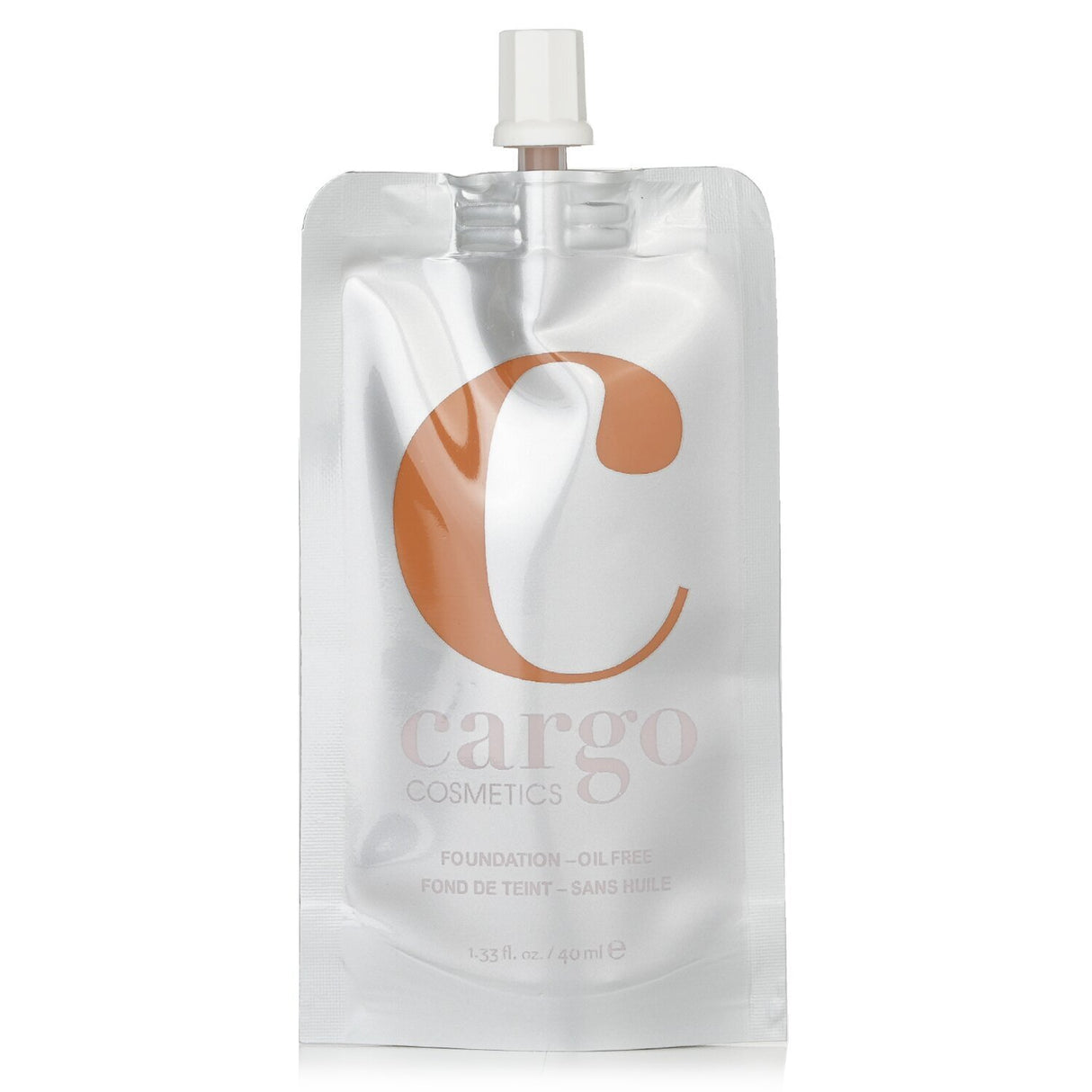 Cargo Liquid Foundation in Soft Golden Caramel (#70), 40ml, oil-free, hydrating, medium to full coverage, recyclable pouch packaging.