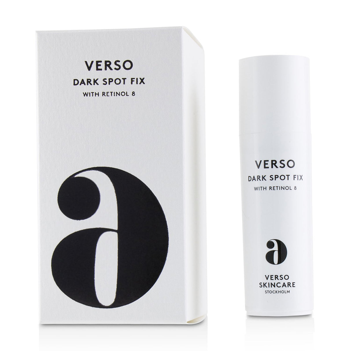 Verso Dark Spot Fix 15ml; potent dark spot corrector with Retinol 8 and Hyaluronic Acid for clearer, even-toned skin.