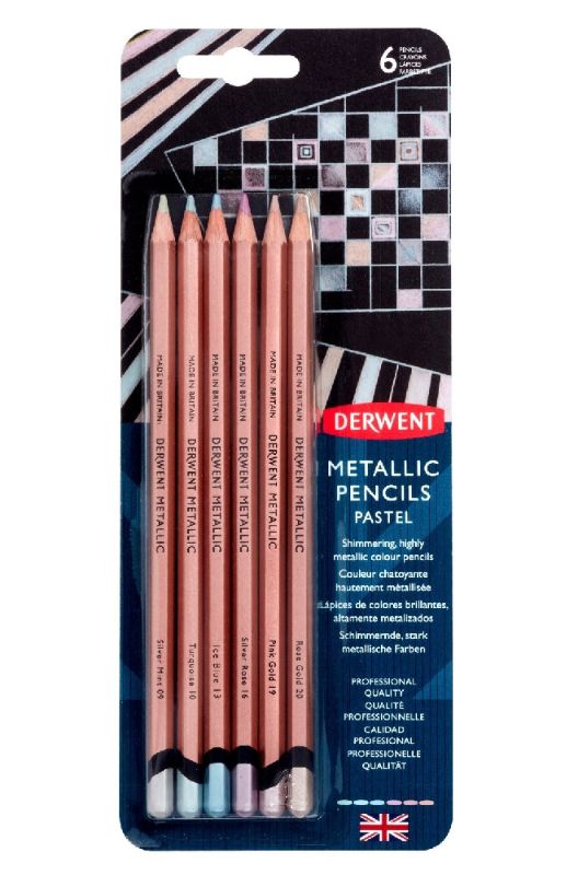 Derwent Metallic Pencils blister pack of 6 featuring shimmering, highly pigmented colors perfect for dark paper art.
