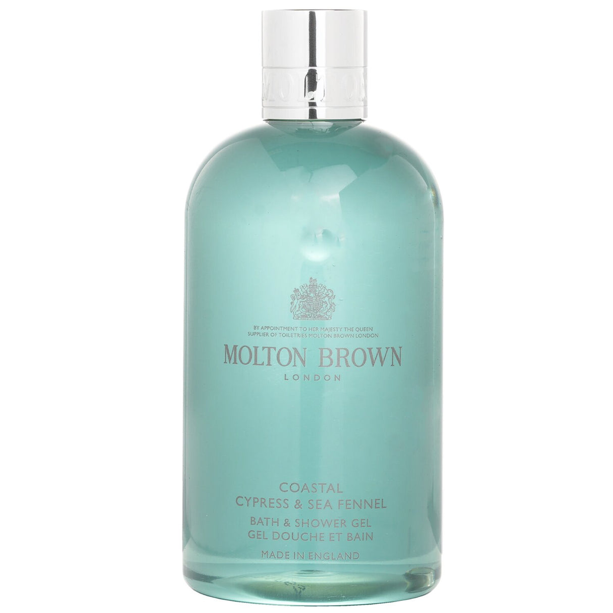 Luxurious Molton Brown Coastal Cypress & Sea Fennel Bath & Shower Gel, 300ml, invigorates skin with coastal scents.