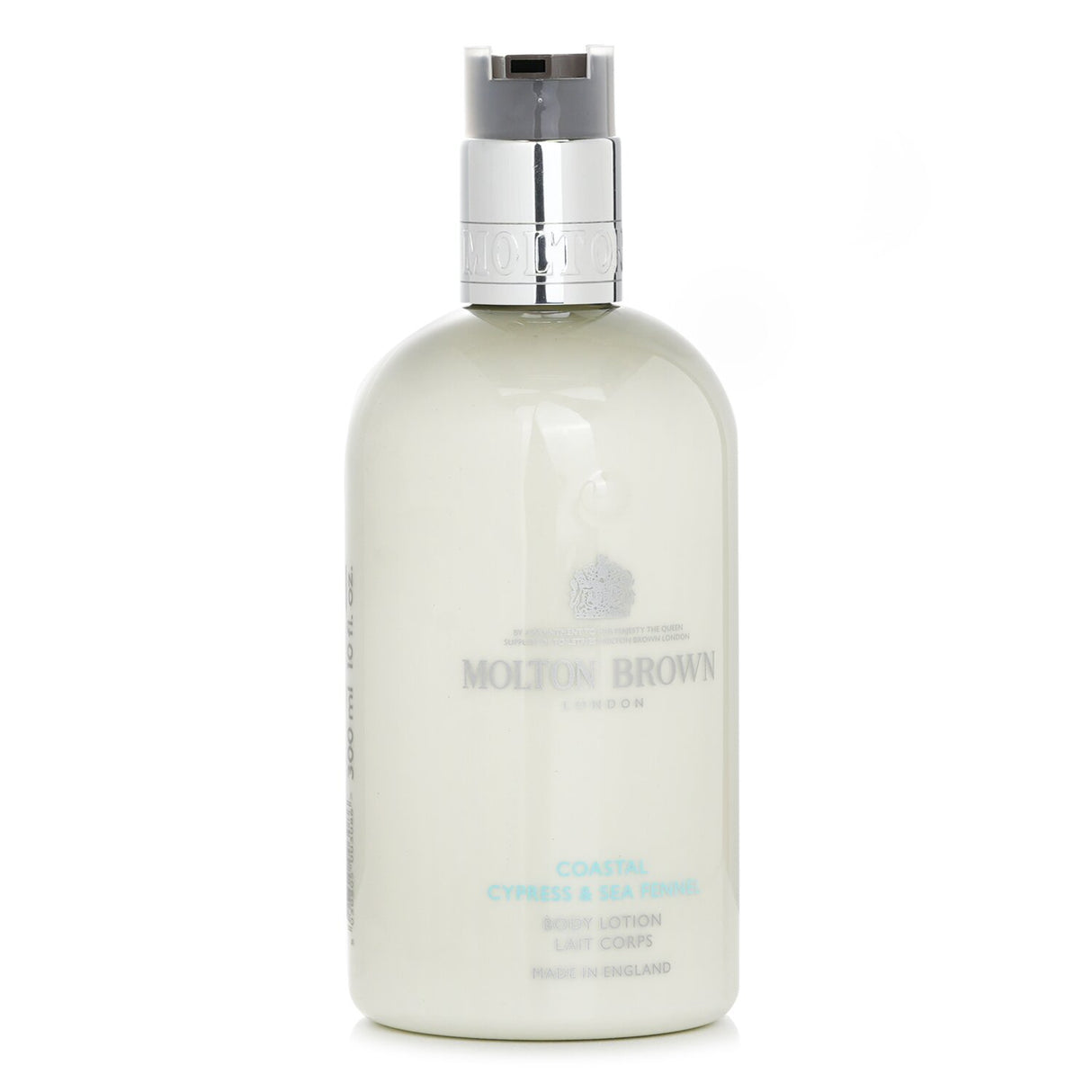 Luxurious 300ml body lotion with coastal cypress and sea fennel scent, providing intense hydration for refreshed skin.