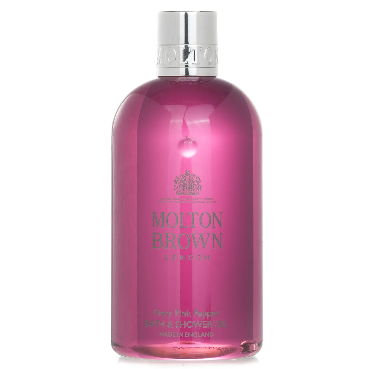 Luxurious 300ml bottle of Molton Brown Fiery Pink Pepper Bath & Shower Gel, enhances cleansing with fruity-spicy fragrance.
