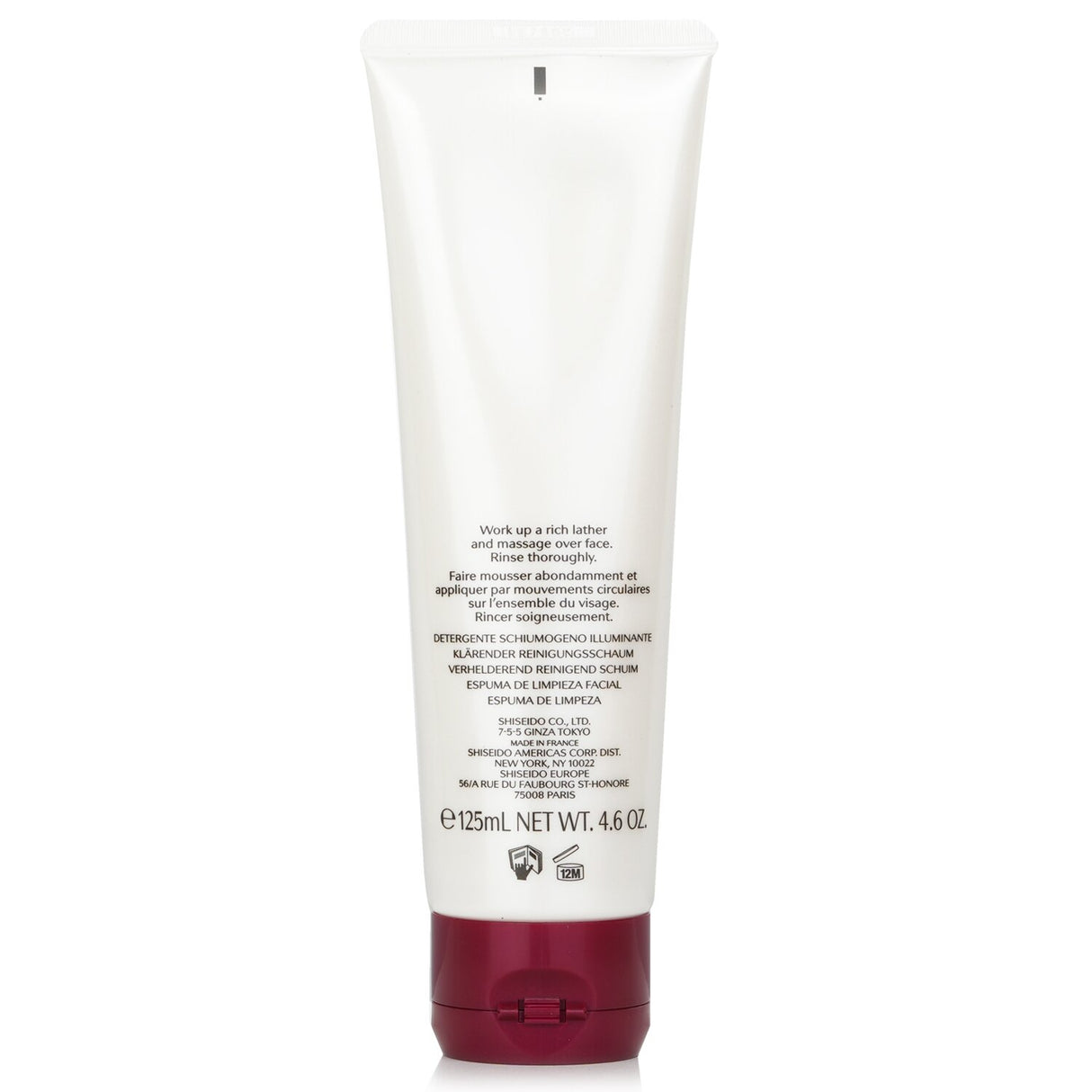 Shiseido Defend Beauty Cleansing Foam in a 125ml tube, creamy lather, removes impurities, hydrates, and suitable for all skin types.