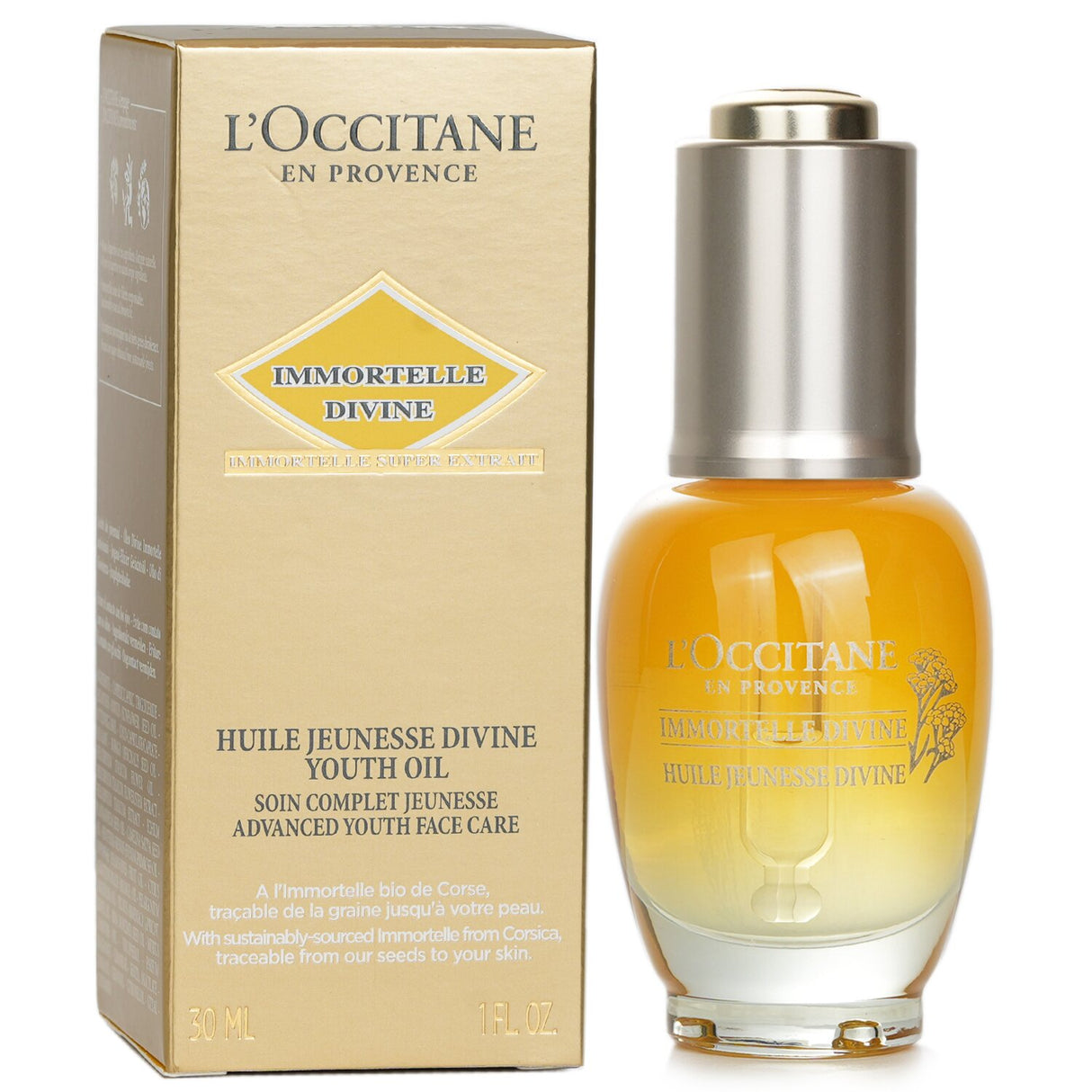 L'Occitane Immortelle Divine Youth Oil in a 30ml bottle, a rejuvenating facial oil for youthful, radiant skin.