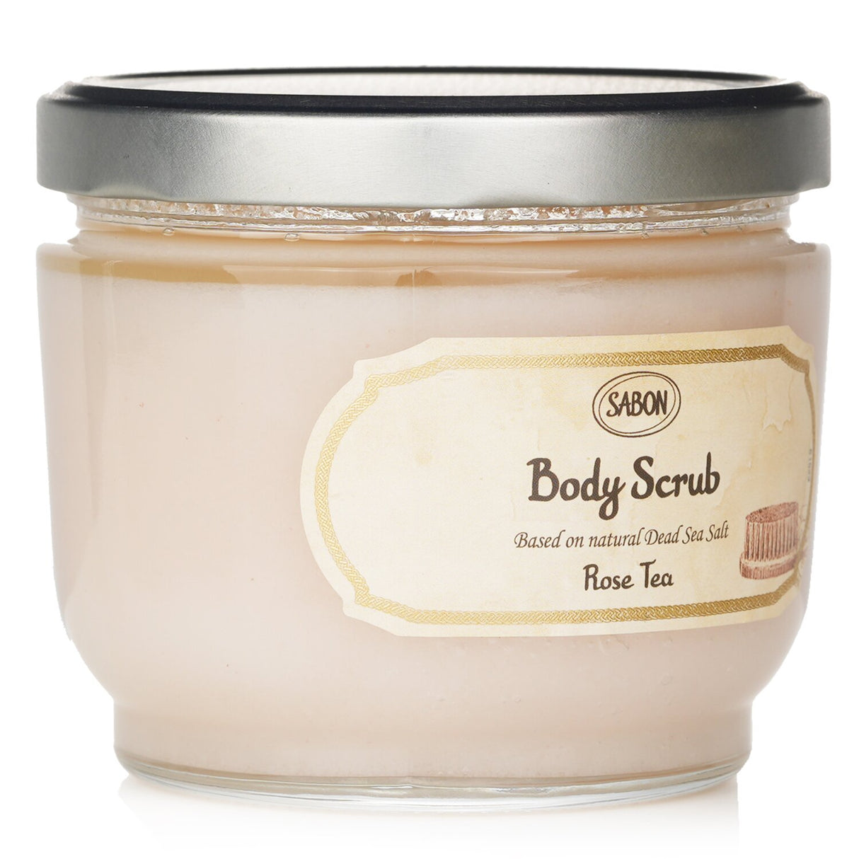 Luxurious Rose Tea body scrub with Dead Sea Salt, oils, and delicate scent for soft, moisturized skin.