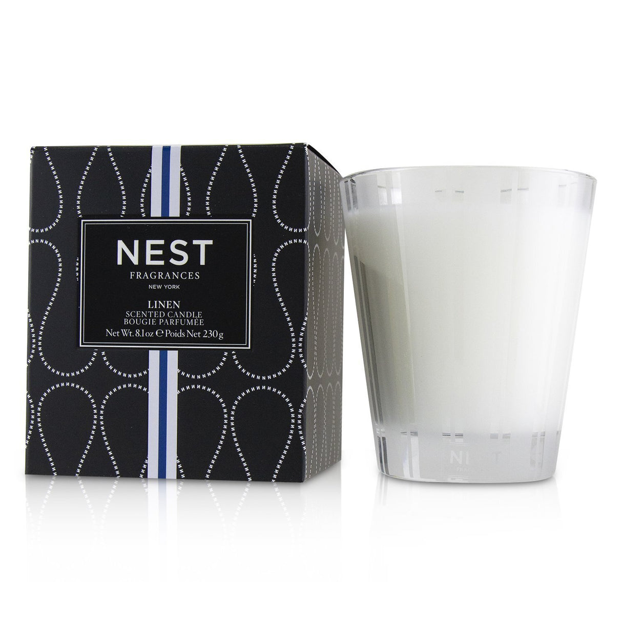 Nest Scented Candle in Linen, 230g, offers a crisp aroma, burns for 50 hours, and enhances relaxation in any space.