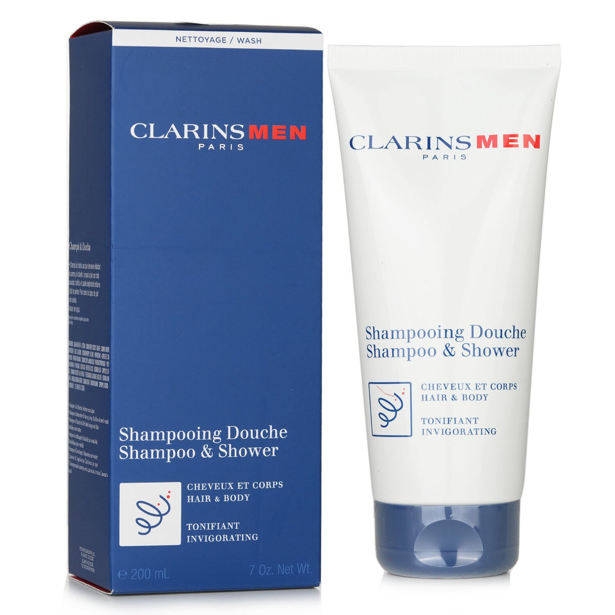 Clarins Men Shampoo & Shower 200ml: dual-purpose cleanser for hair and body, leaving skin refreshed and hair manageable.