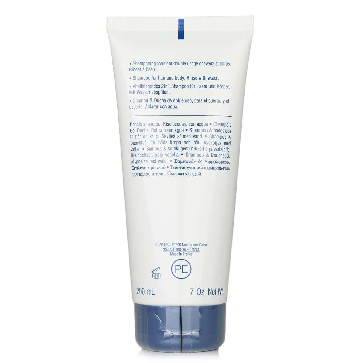 Clarins Men Shampoo & Shower 200ml, a dual-purpose cleanser for hair and body, leaving skin refreshed and hair soft.