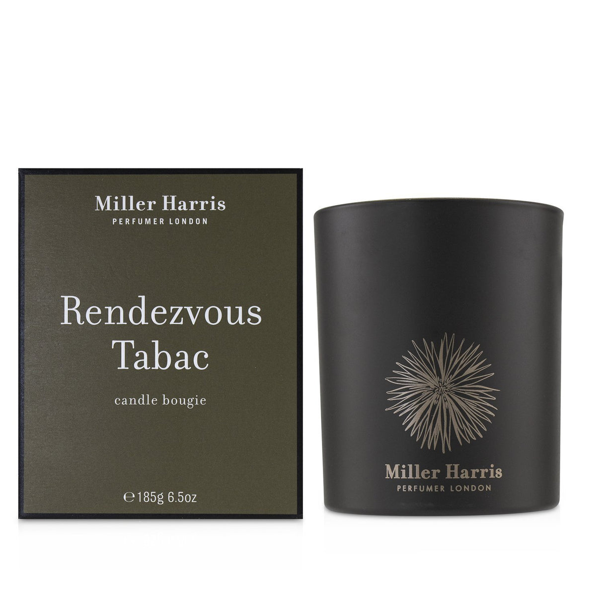 Luxurious Miller Harris Rendezvous Tabac Candle, 185g, offers warm tobacco and woody scents for a cozy atmosphere and 40-hour burn.