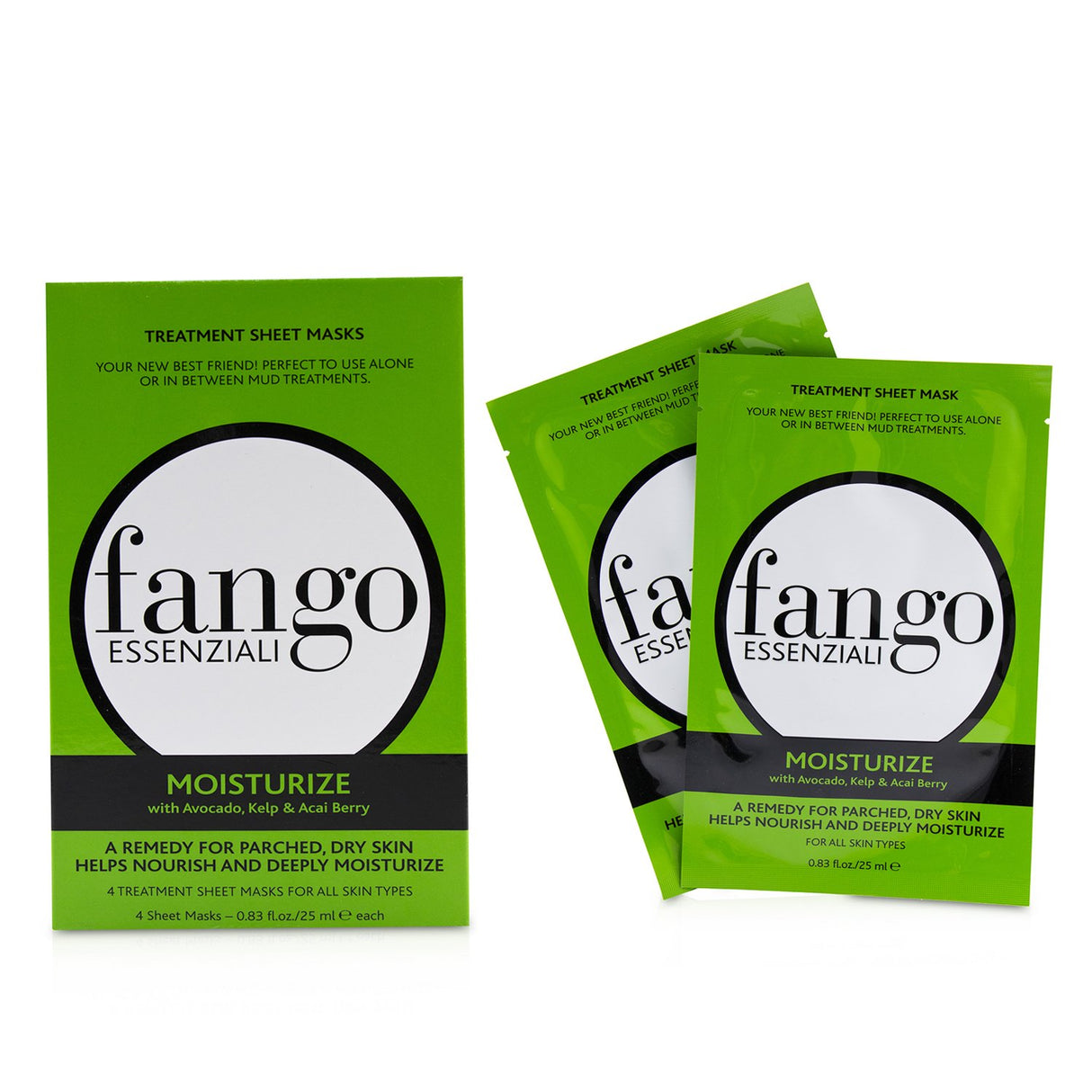Borghese Fango Essenziali Moisturize Sheet Masks for dry skin, enriched with Avocado, Kelp, and Acai for hydration and radiance.