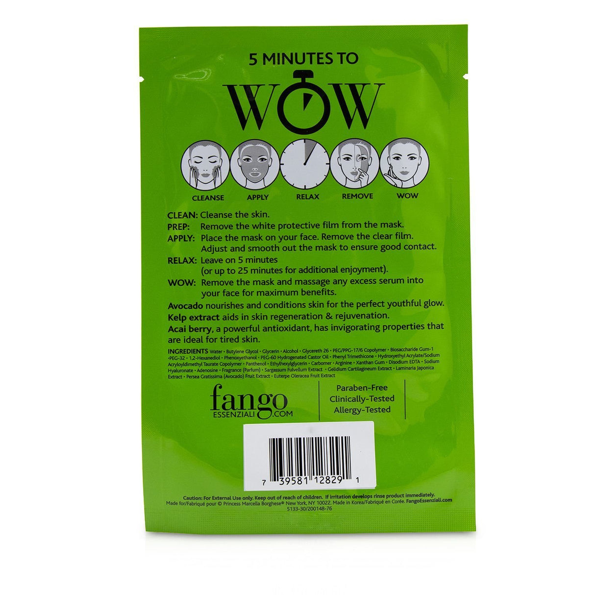 Borghese Fango Essenziali Moisturize Treatment Sheet Masks, nourishing with avocado and acai for dry skin, 4 masks in a pack.