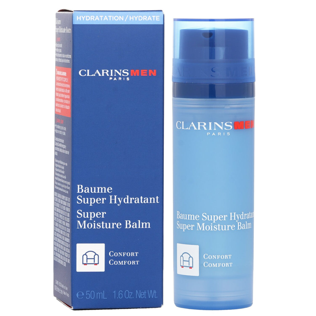Sleek packaging of Clarins Men Super Moisture Balm, a 50ml hydrating balm that soothes irritation and softens whiskers.