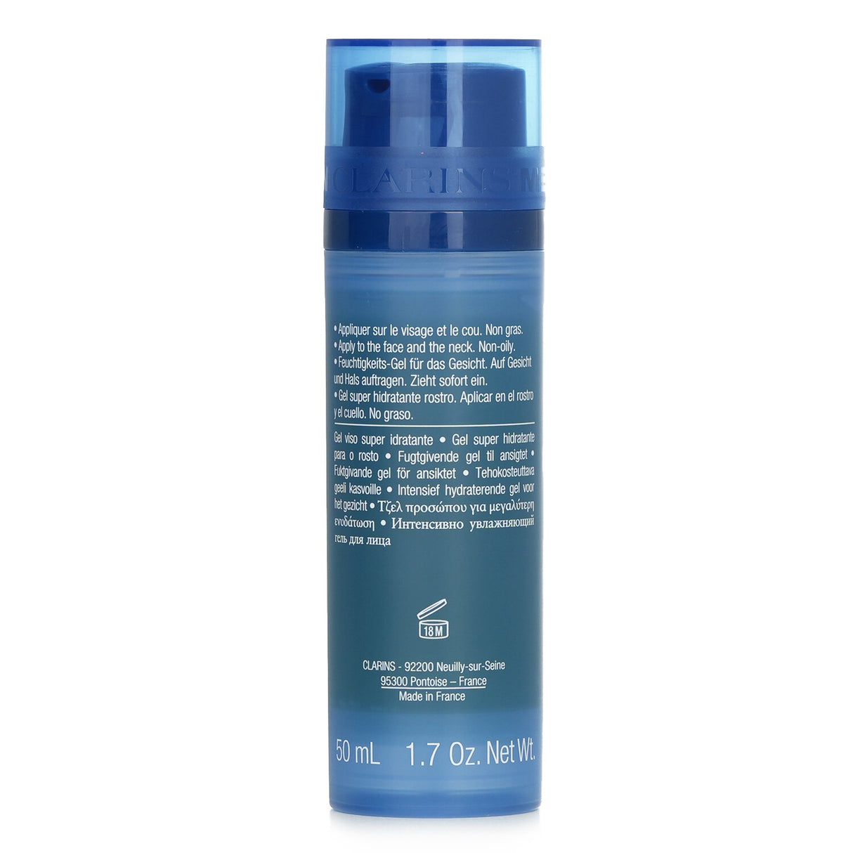 Clarins Men Super Moisture Gel in a 50ml tube, a non-oily moisturizer that hydrates, soothes, and revitalizes men's skin.