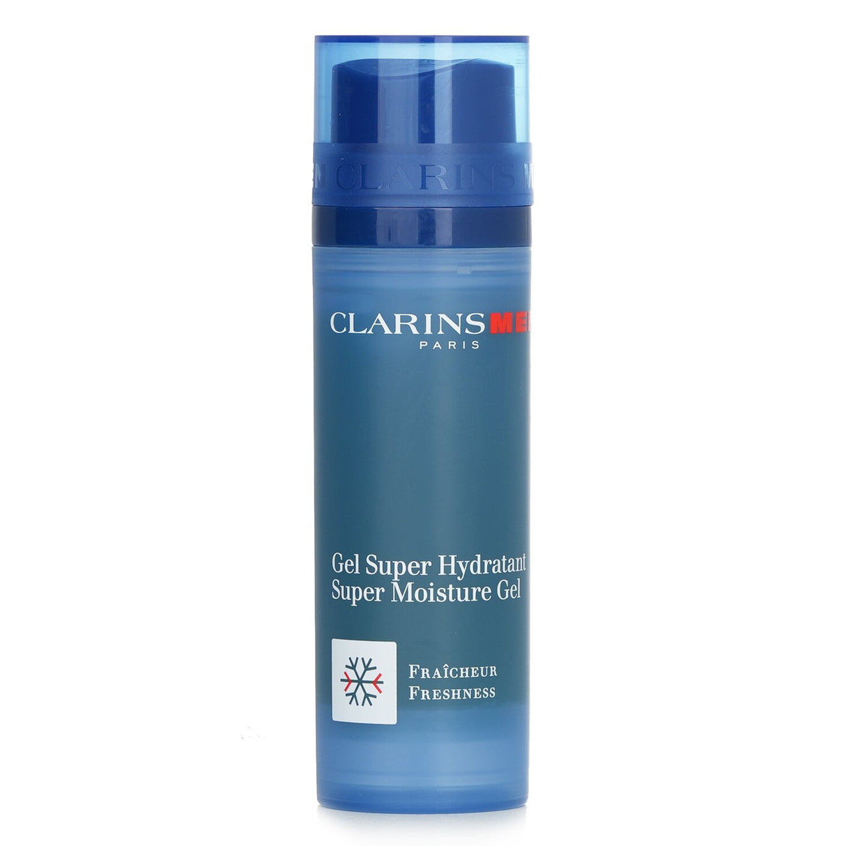 Clarins Men Super Moisture Gel in 50ml, a non-oily moisturizer that hydrates, soothes, and strengthens men's skin barrier.