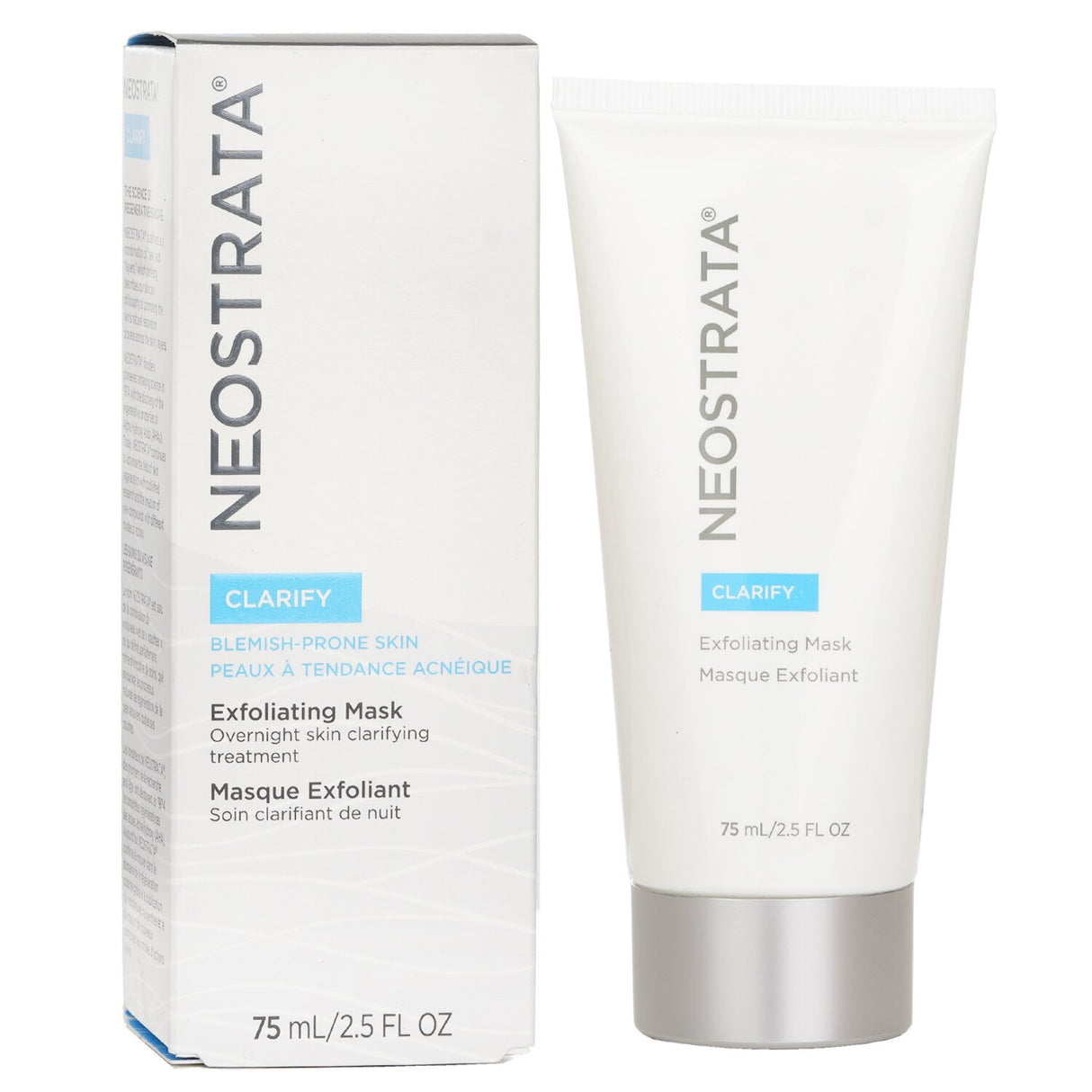 Neostrata Clarify Exfoliating Mask in a 75ml tube, designed for overnight use on oily skin to enhance clarity and tone.