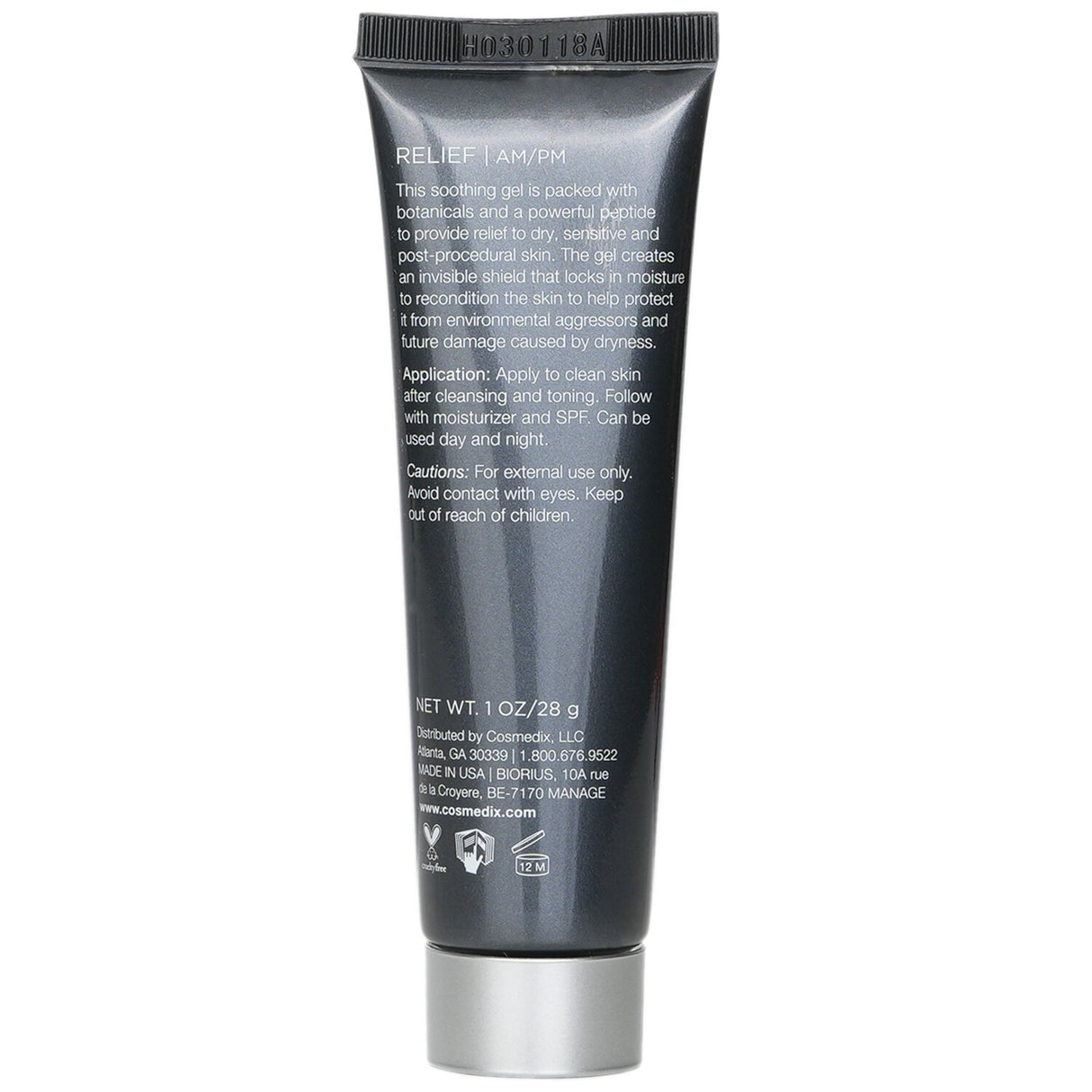 CosMedix Elite Relief Soothing Peptide Gel in a 28g tube, designed to calm sensitive skin and lock in moisture.