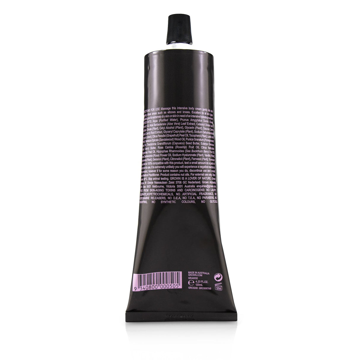 Intensive body cream with Rosa Damascena, Acai & Pomegranate for deep hydration and skin rejuvenation in a 120ml tube.