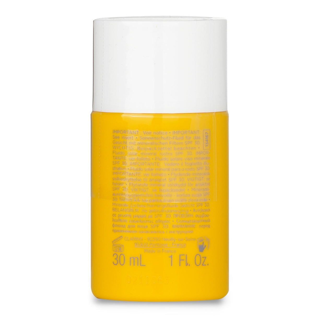 Clarins Mineral Sun Care Fluid SPF 30 for sensitive areas, lightweight tinted protection in a 30ml pocket-sized bottle.
