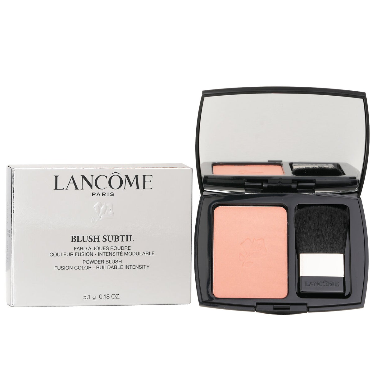 Luxurious Lancome powder blush in Sorbet De Corail, offering a radiant, natural flush for all skin types.