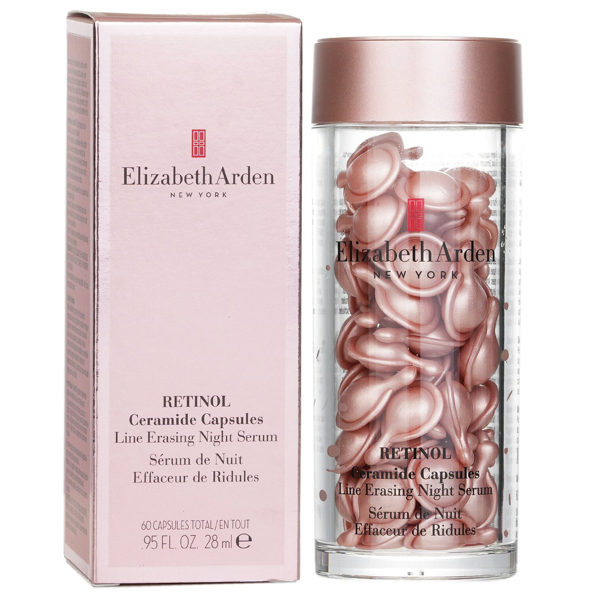 Elizabeth Arden Ceramide Retinol Capsules in a sleek container, delivering potent night serum for youthful, hydrated skin.