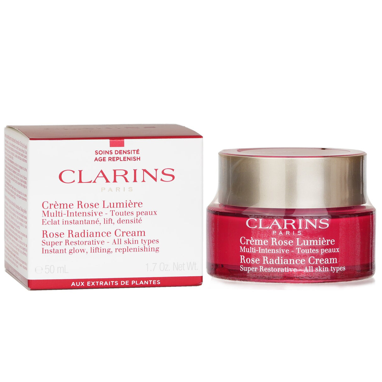 Clarins Super Restorative Rose Radiance Cream in a 50ml jar, designed to enhance luminosity and restore mature skin's elasticity.