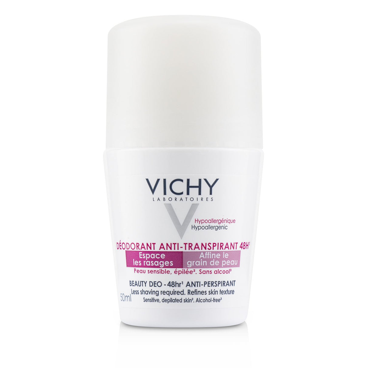 Vichy Anti-Perspirant Roll-On for Sensitive Skin, 48hr protection, no white marks, gentle on skin, and long-lasting freshness.
